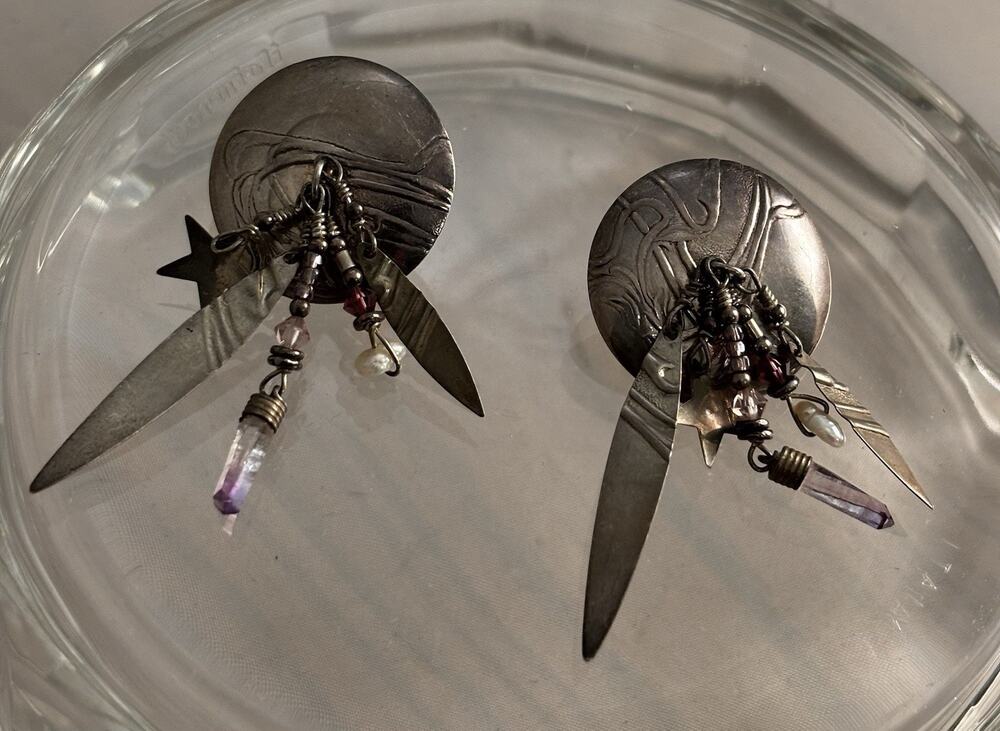 TABRA Sterling Circle Amethyst Crystal/Pearl Drop/Dangle EARRINGS Artisan Signed